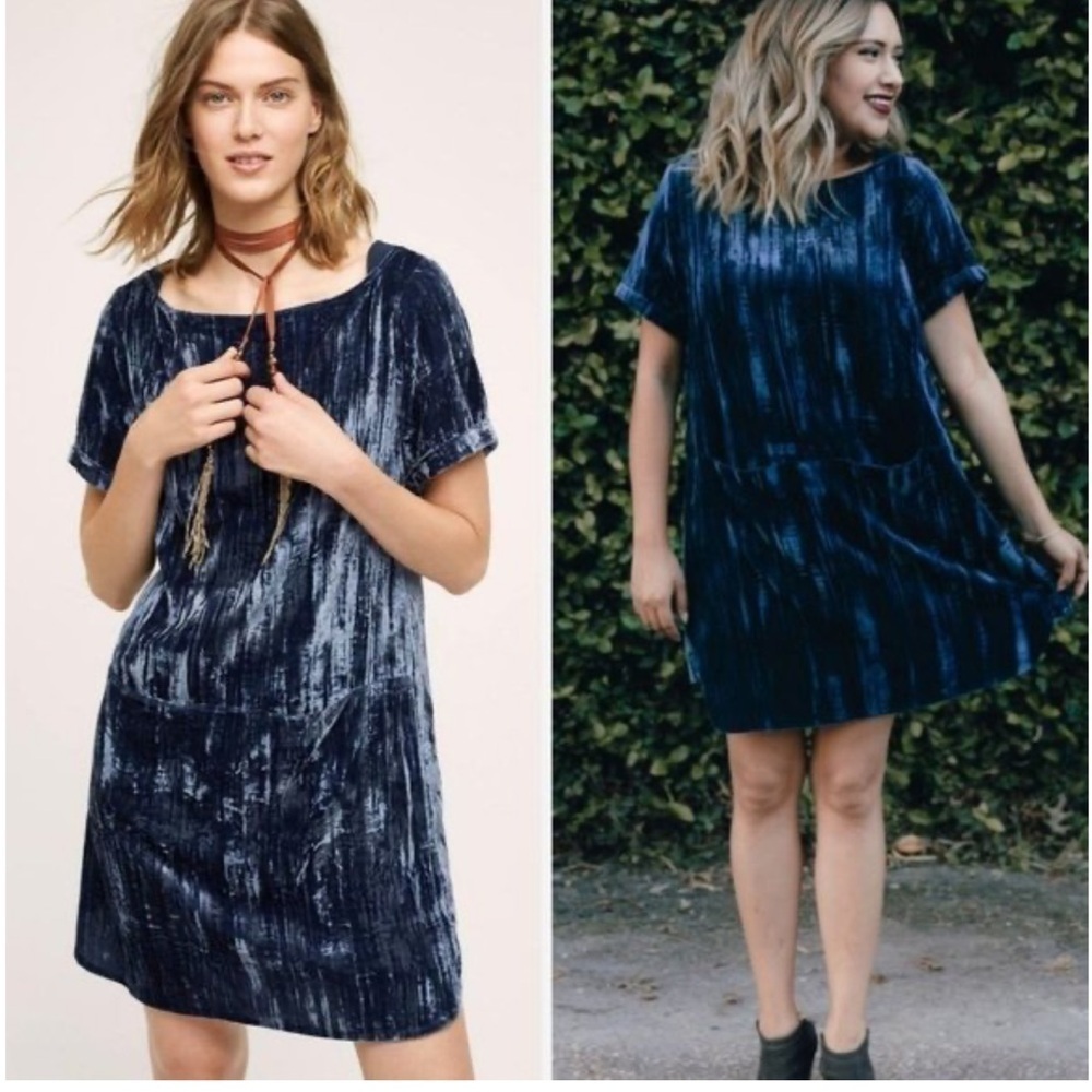 Floreat Anthropologie Blue Crinkle Crushed Velvet Front Pockets Mini Dress Sz XS